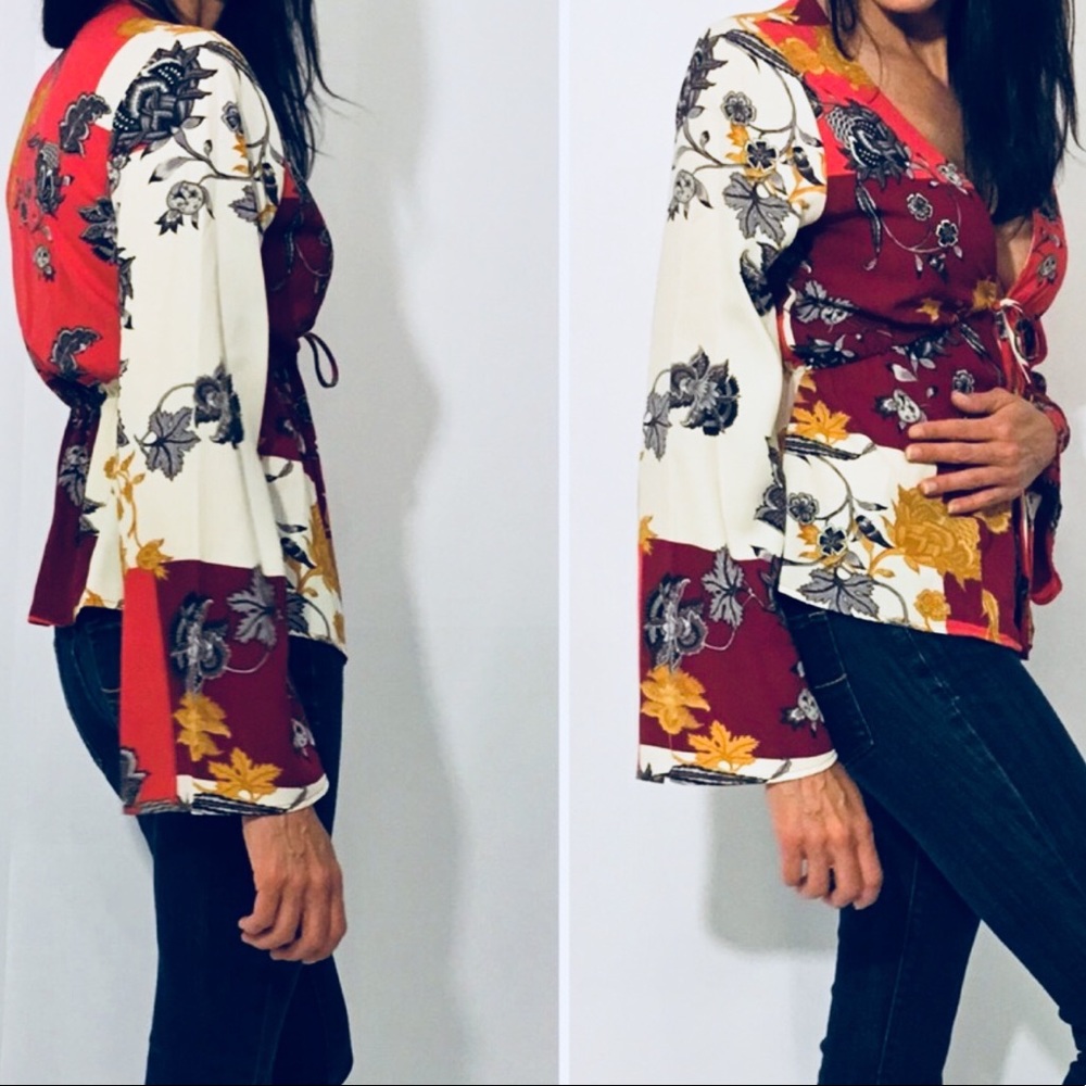 Burgundy Coral Multicolor Bell Sleeve Tie Top - Picture 5 of 8